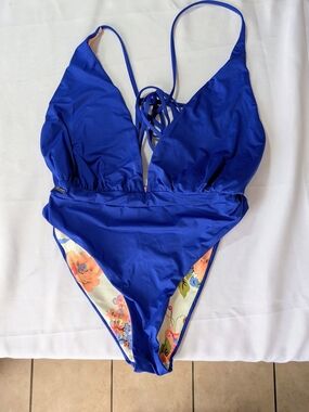 Maaji Reversible One Piece Swimsuit Blue Floral Lace Up Back L